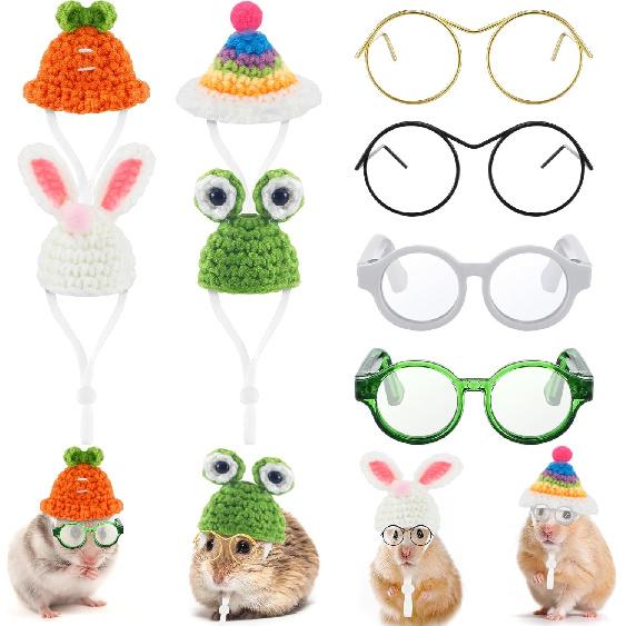 Silkfly 8 Pcs Hamster Hat Pet Round Costume Glasses Includes 4 Pcs Knitted Small Animals Hat with Adjustable Strap and 4 Pairs of Pet Glasses for