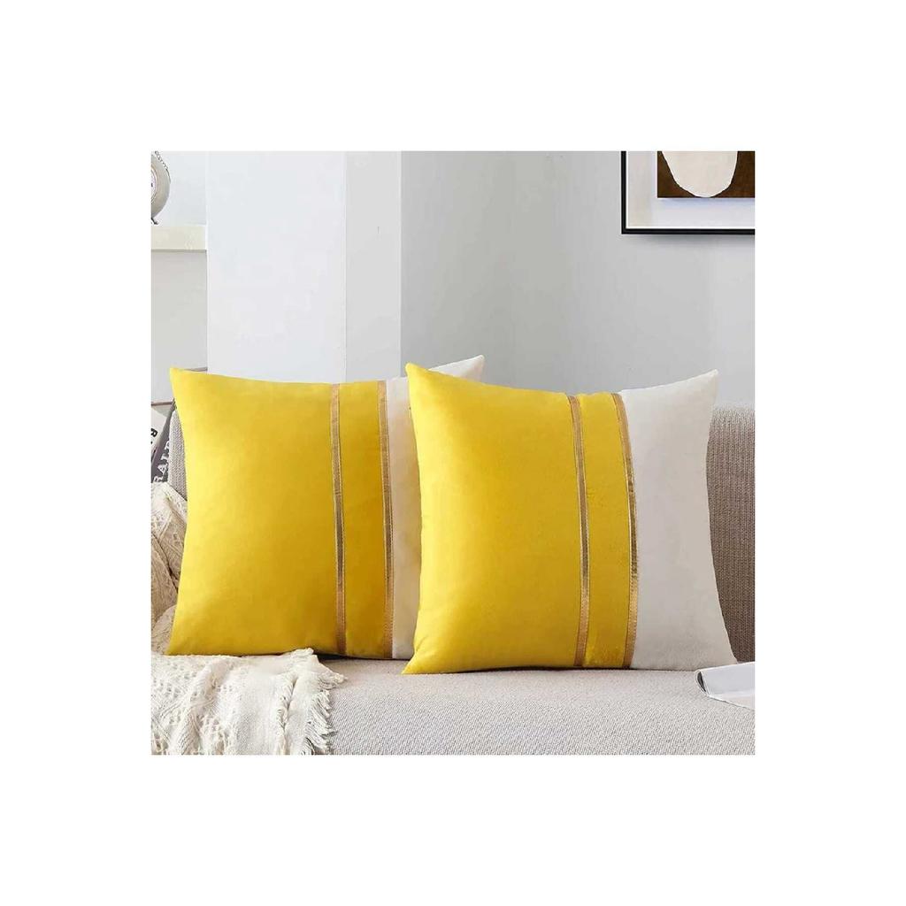 2 Pcs Velvet Look Decorative Throw Pillow Covers With Gold Leather Strips