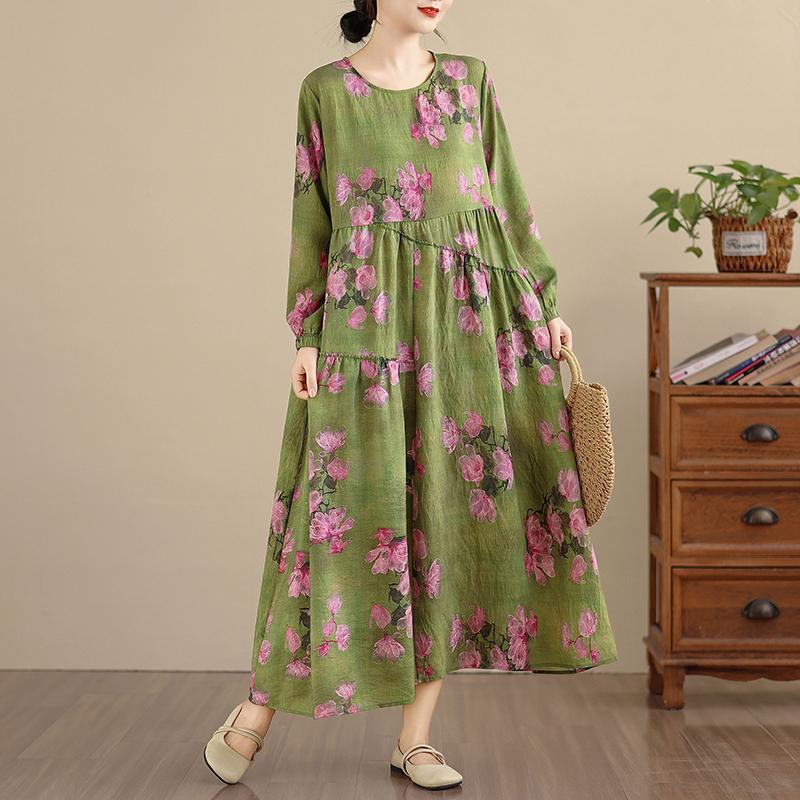 DIMANAF Ny 2025 Dam Plus Size Vår Lång Klänning Lös Basic Vintage Oversize Långärmad Maxi Blommig