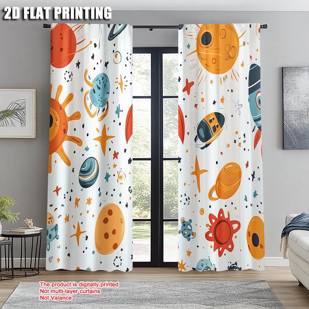 Set Of 2 Curtain Popular Plane Printing Cartoon Spaceship Rocket Versatile Fabric Without Rod Festive Perfect Living Room Polyester Ideal For