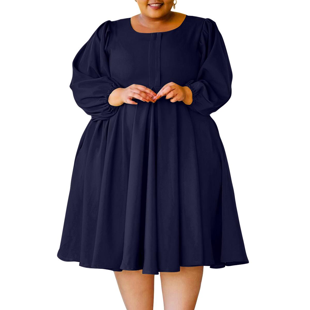 

Жіноча мода великих розмірів Повсякденна однотонна спідниця Сукня з пишними рукавами 5XL темно-синього кольору