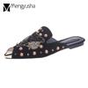 Fashion 2024 Crystal Fox Slippers Women Rivets Mules Ladies Flats Slides Slip On Loafers Metal Pointed Toe Flipflops Rhinestone Shoes