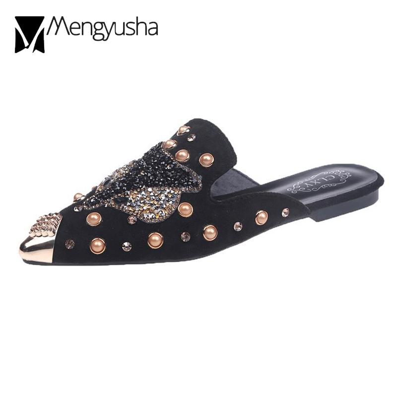 Fashion 2024 Crystal Fox Slippers Women Rivets Mules Ladies Flats Slides Slip On Loafers Metal Pointed Toe Flipflops Rhinestone Shoes