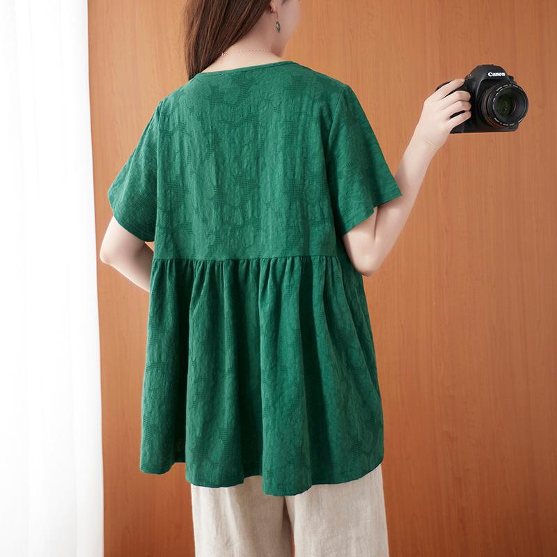 Sommer-T-Shirt in Übergröße für Damen, legere literarische Kurzarm-Oberteile mit großem Saum und Jacquard-Muster