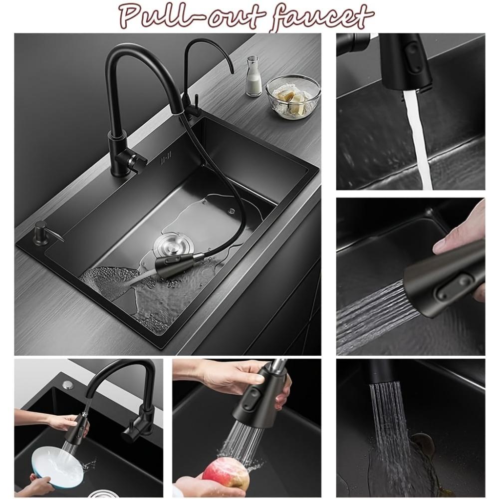 Drop In Kitchen Sink 304 Stainless Steel Workstation Sink Fast Drain Anti-Clog Topmount Single Bowl with Pull-Out Faucet