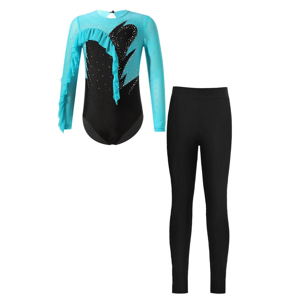 Kinder-Mädchen-Gymnastik-Tanz-Outfit, langärmelig, glänzendes Strass-Dekor, Rüschenbesatz, Trikot mit Leggings