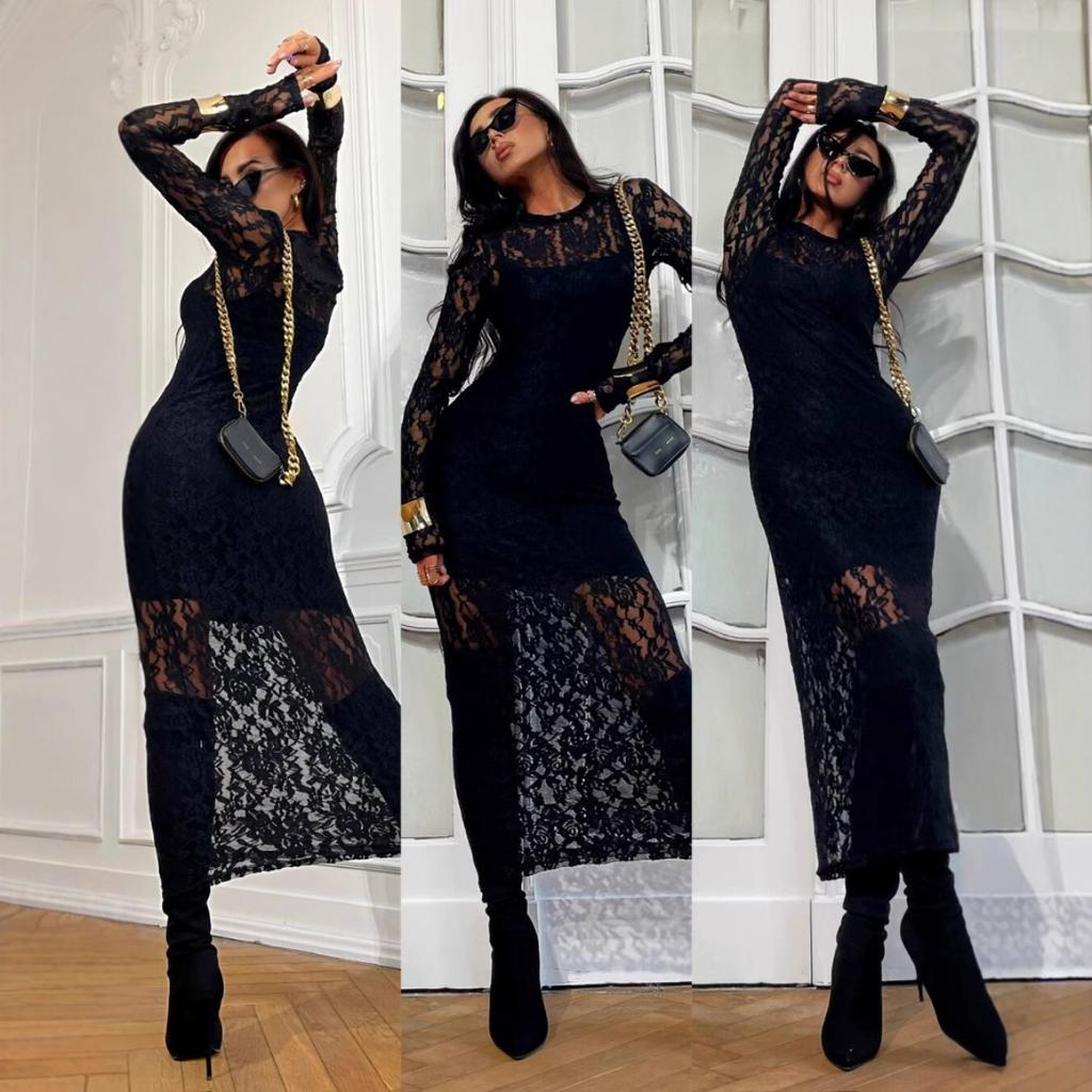 Women's Round Neck Long Sleeve Midi Dress Bodycon Mid Waist Vintage Lace Sheath Dress