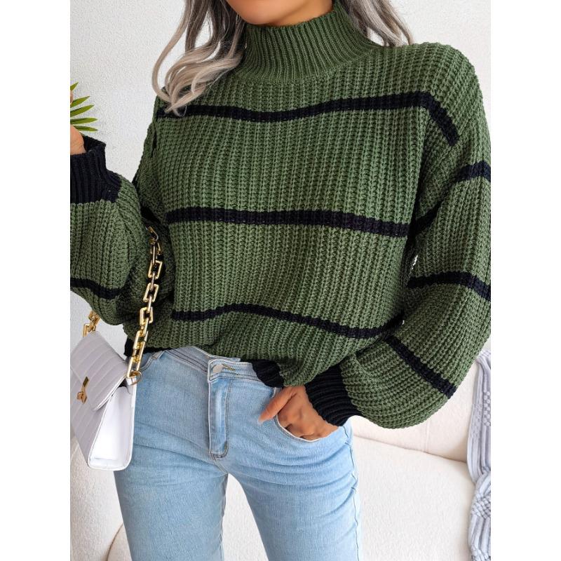 Pull rayé à manches lanternes, Pull décontracté à col roulé et manches longues, Hauts décontractés pour l'automne et l'hiver, Vêtements pour femmes