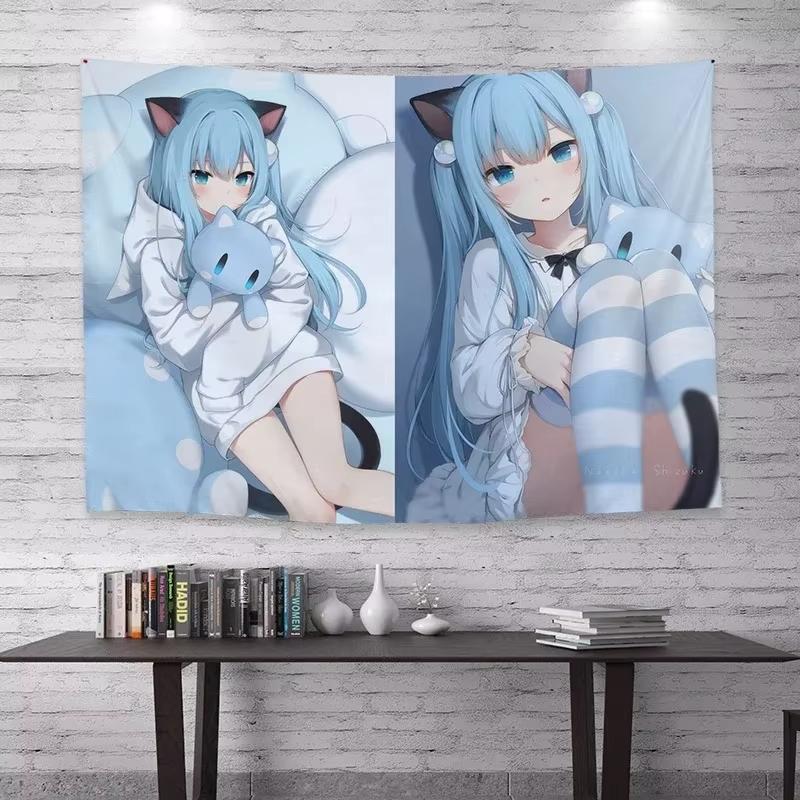 Cartoon Anime Girl with Cat Ears Tapestry Fashion Wall Hanging for Student Dorm Bedroom Bohemian Home Decor