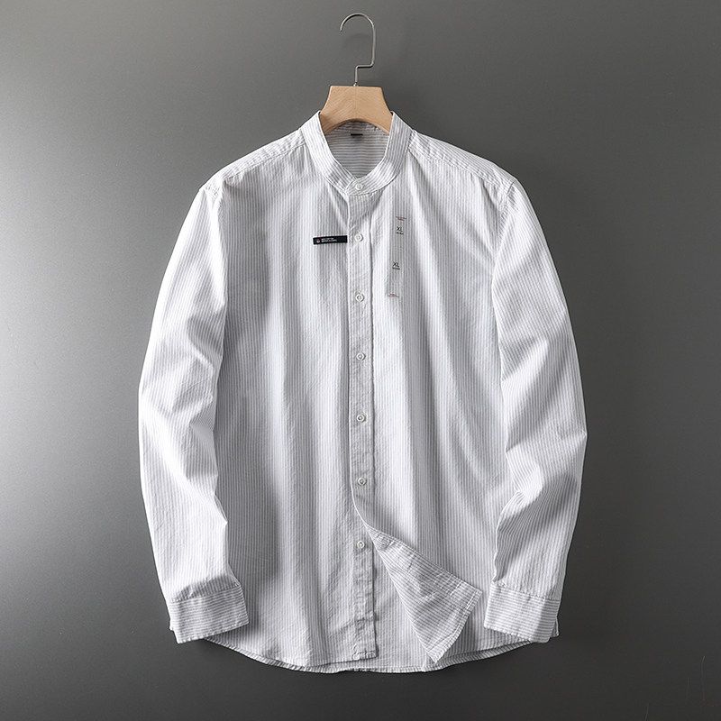 Stand Collar Long Sleeve Japanese Style Export Original Striped Shirt White M