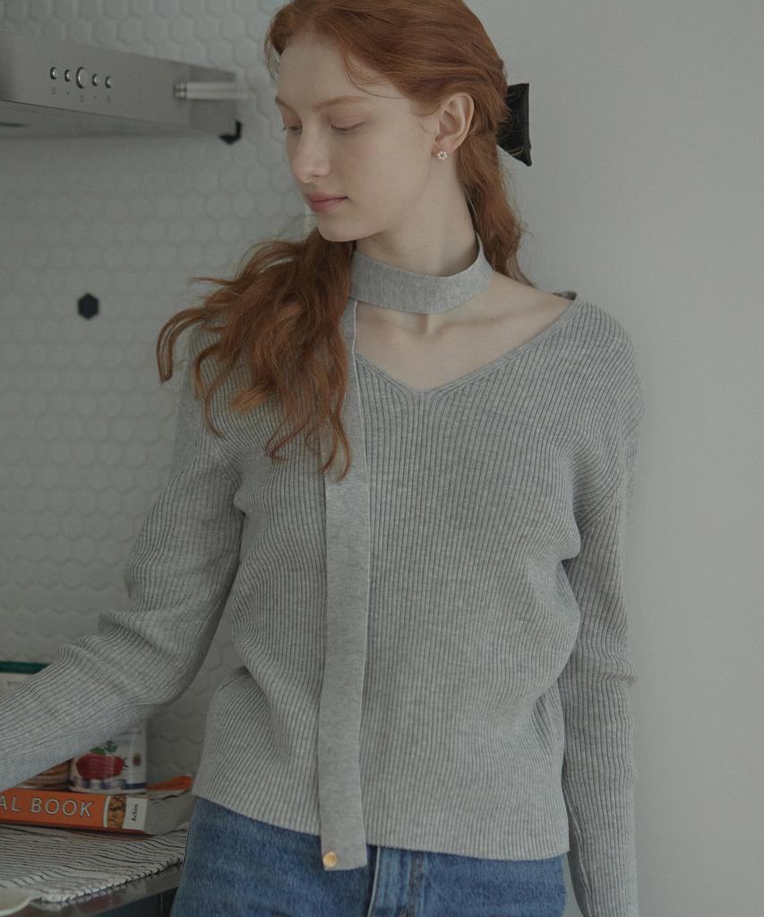 NONLOCAL V-Neck Tie Knit - Melange Gery