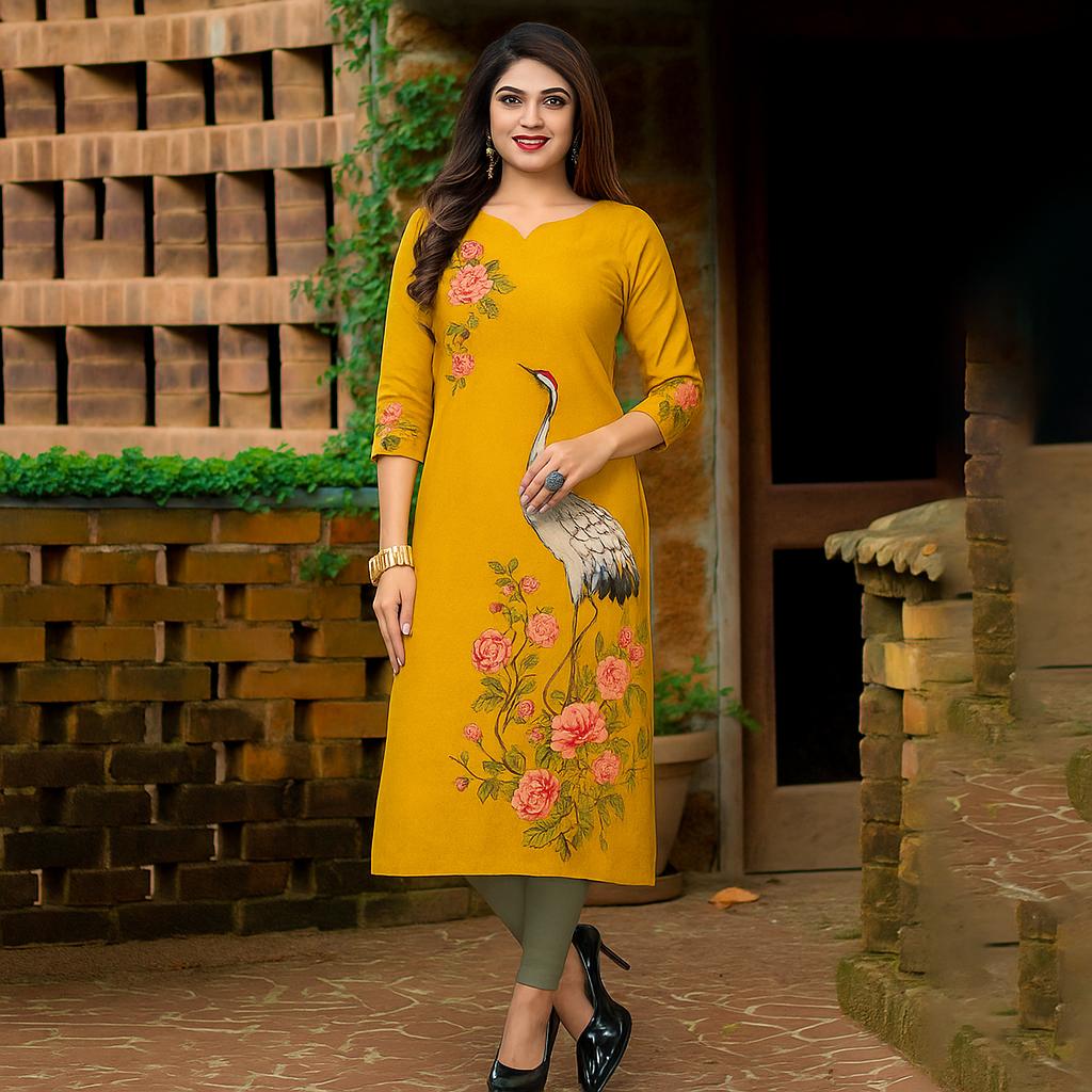 

Shallow V-neck Muslim kurta, retro design bird digital printing, breathable and skin-friendly, suitable for festival gifts S бежевий