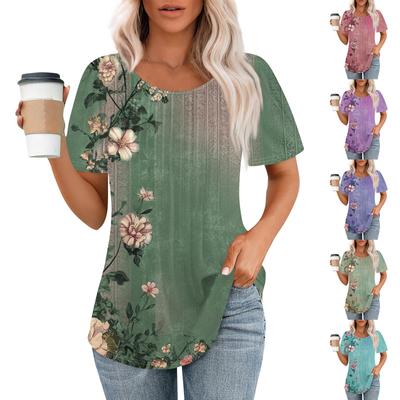 Women's Fashionable Casual Pleated Round Neck Convention Printed Short Sleeved T-shirt Top