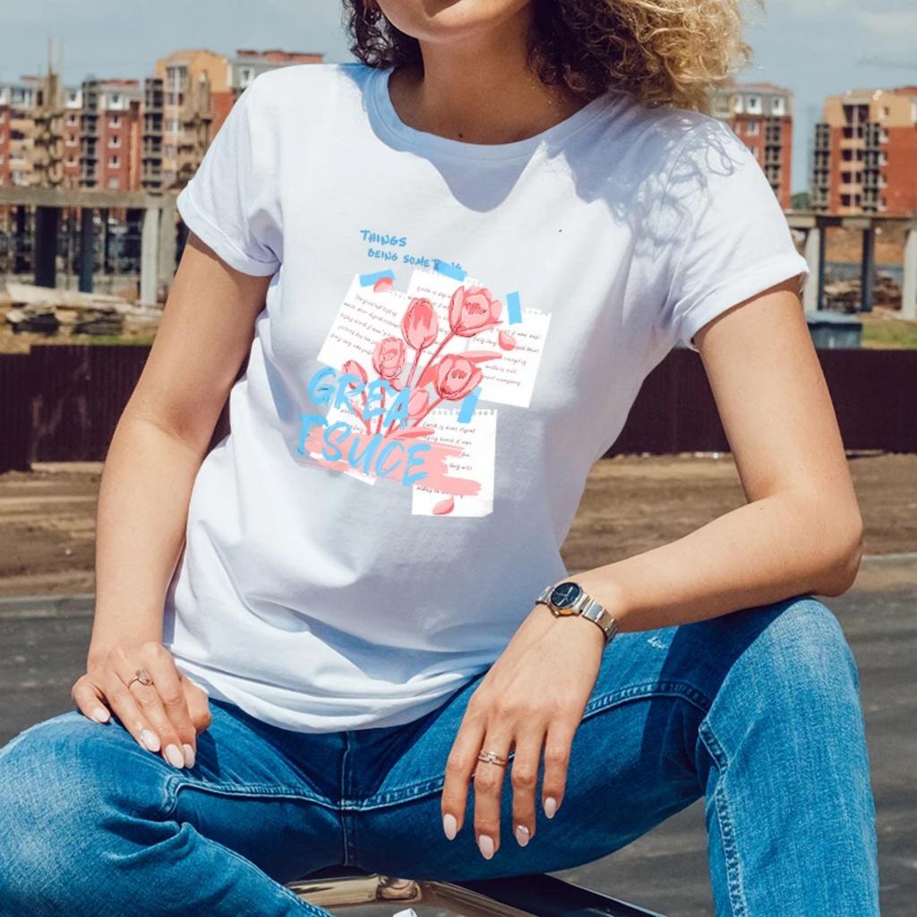 Summer WomensShort Sleeve CottonTShirtGreat Issue Flowerthemed Print for Outdoor GatheringsYoungWomenwith a TrendyArtistic Style