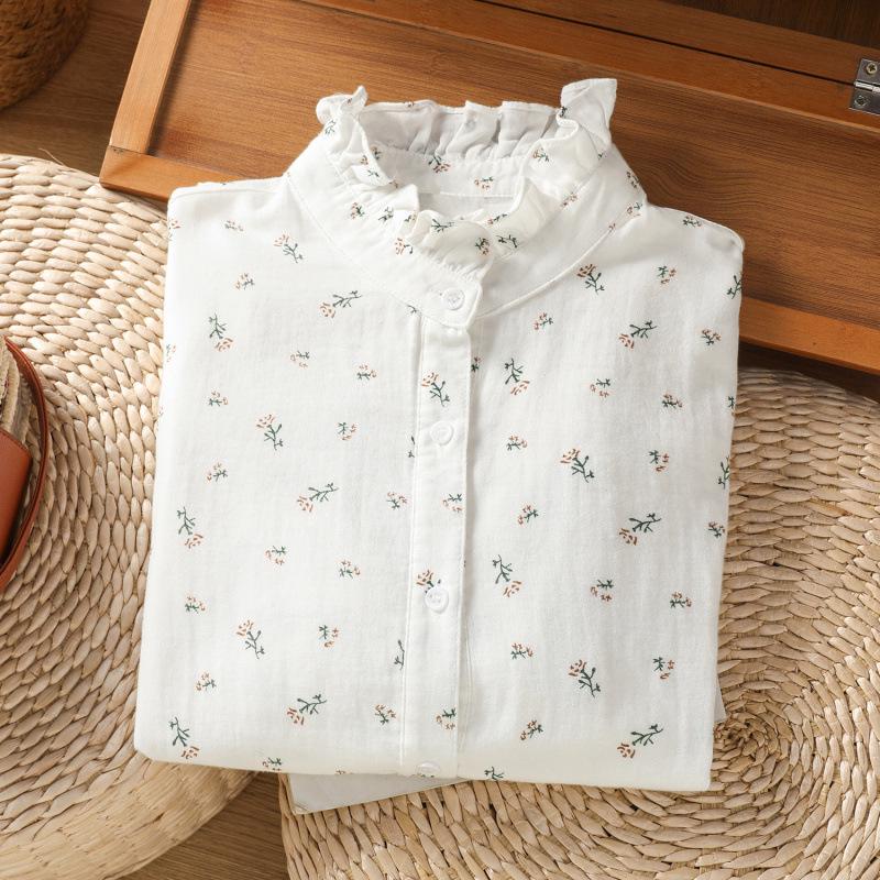 Soft Cotton Floral Print Long Sleeve Shirt with Ruffled Collar