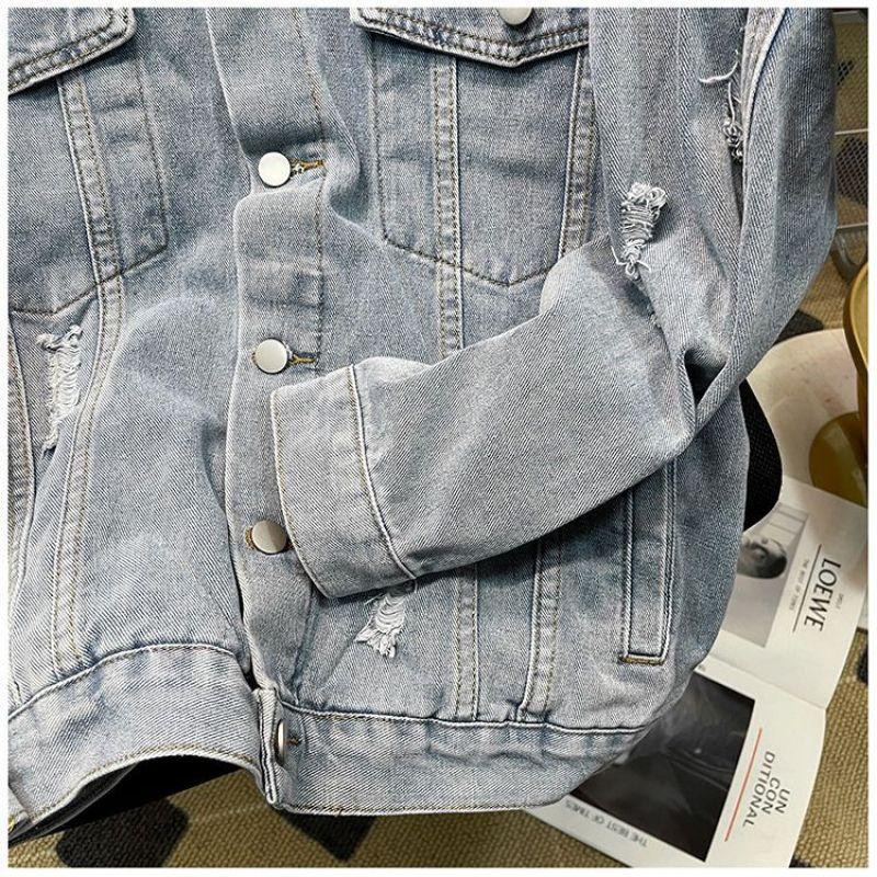 Korean Version of INS Spring and Autumn Letter Print Ripped Denim Jacket Men's American Street Tide Brand Ruffian Handsome Loose Top