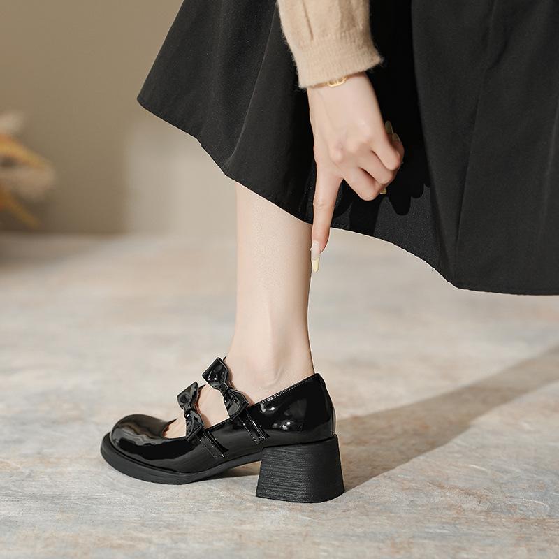 French White Mary Jane Single Shoes Women's Skirt Thick Heel Small Leather Shoes Spring and Autumn New Small Girls High Heels