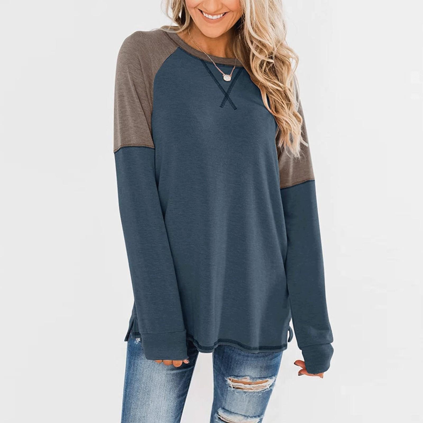 

Женская осенне-зимняя повседневная свободная футболка с длинным рукавом и круглым вырезом L синий