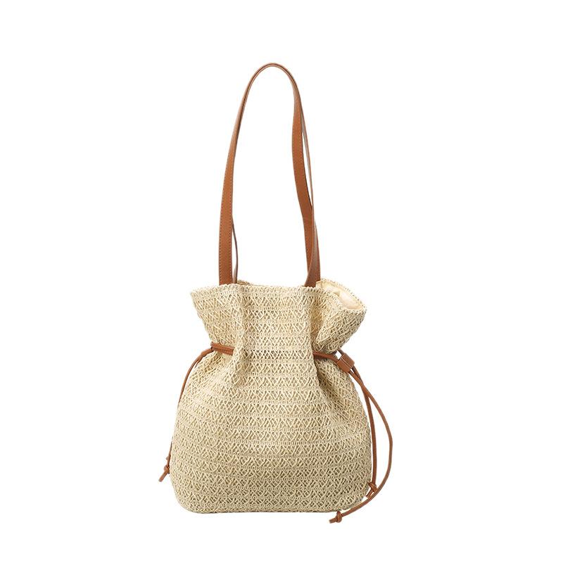 Casual Large-capacity Bag Women's New Drawstring Woven Seaside Vacation Beach Shoulder Bag