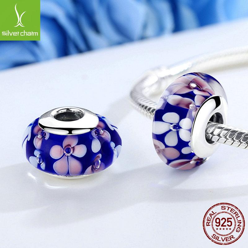 S925 Sterling Silver Pink Floral Lampwork Beads for DIY Bracelets