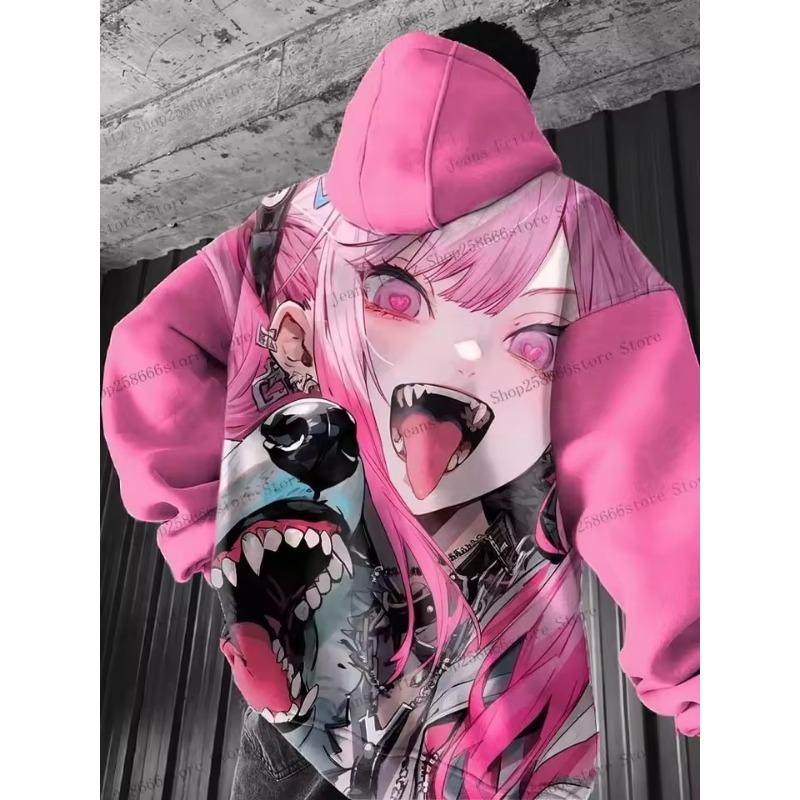 Anime Girl Back Pattern Sweatshirt Casual Long Sleeve Hooded Pullover 3D Printing Women Top Fashion Oversized Men's Hoodies