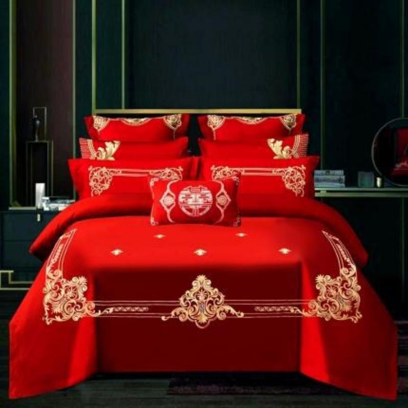 New Chinese style big red embroidery wedding quilt cover polished wedding room bedding wedding four-piece multi-piece set