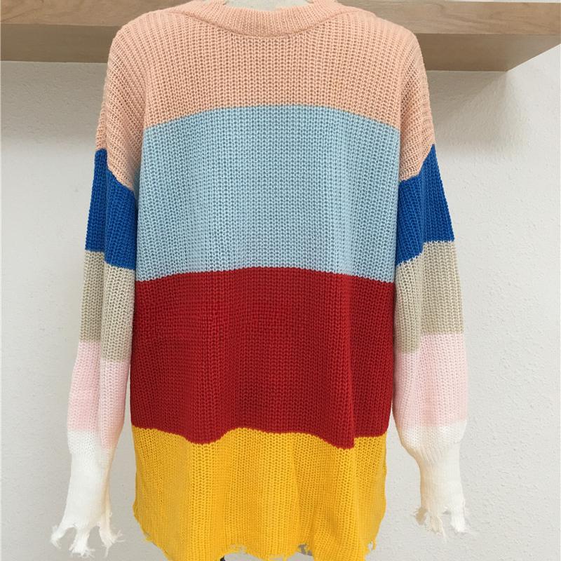 IHUASU Autumn and Winter Women's Knitwear V-neck Pullover Loose Rainbow Jumper