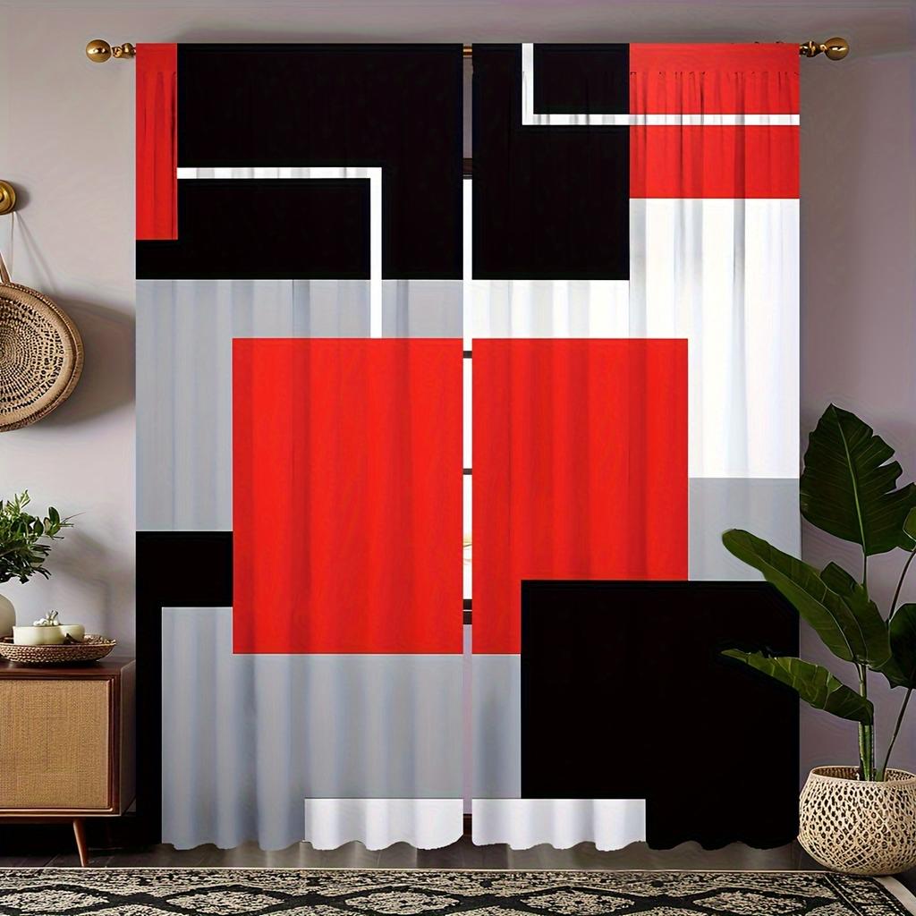 2pcs Set Modern Geometric Curtains Black & White Rod Pocket Design for Easy Hanging for Living Room Bedroom Kitchen Window Drape