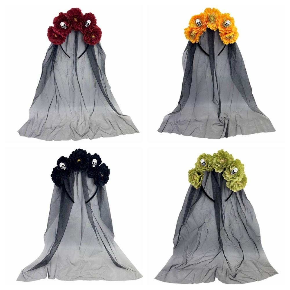 Girls Day of The Dead Flowers Headdress Long Ribbon Veil Gothic Head Hoop  Party Cosplay