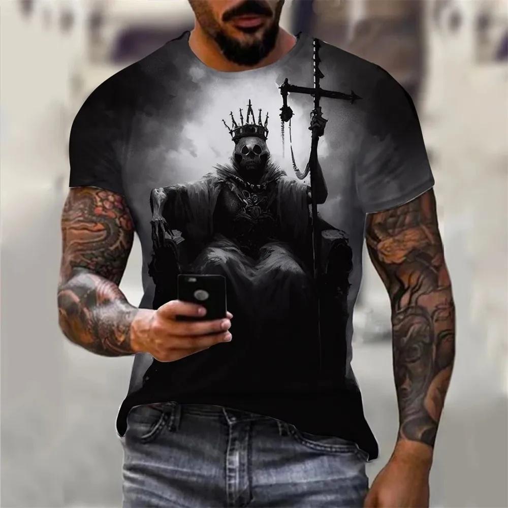 Men's Summer Skull Print T-Shirt Soft Breathable Round Neck Outdoor Street Style Casual Graphic Tee Comfort Top