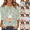 Top Camisa Feminina Fashion e Casual com Estampa de Coelho e Ovos de Páscoa, Gola V, Botões, Manga Três Quartos