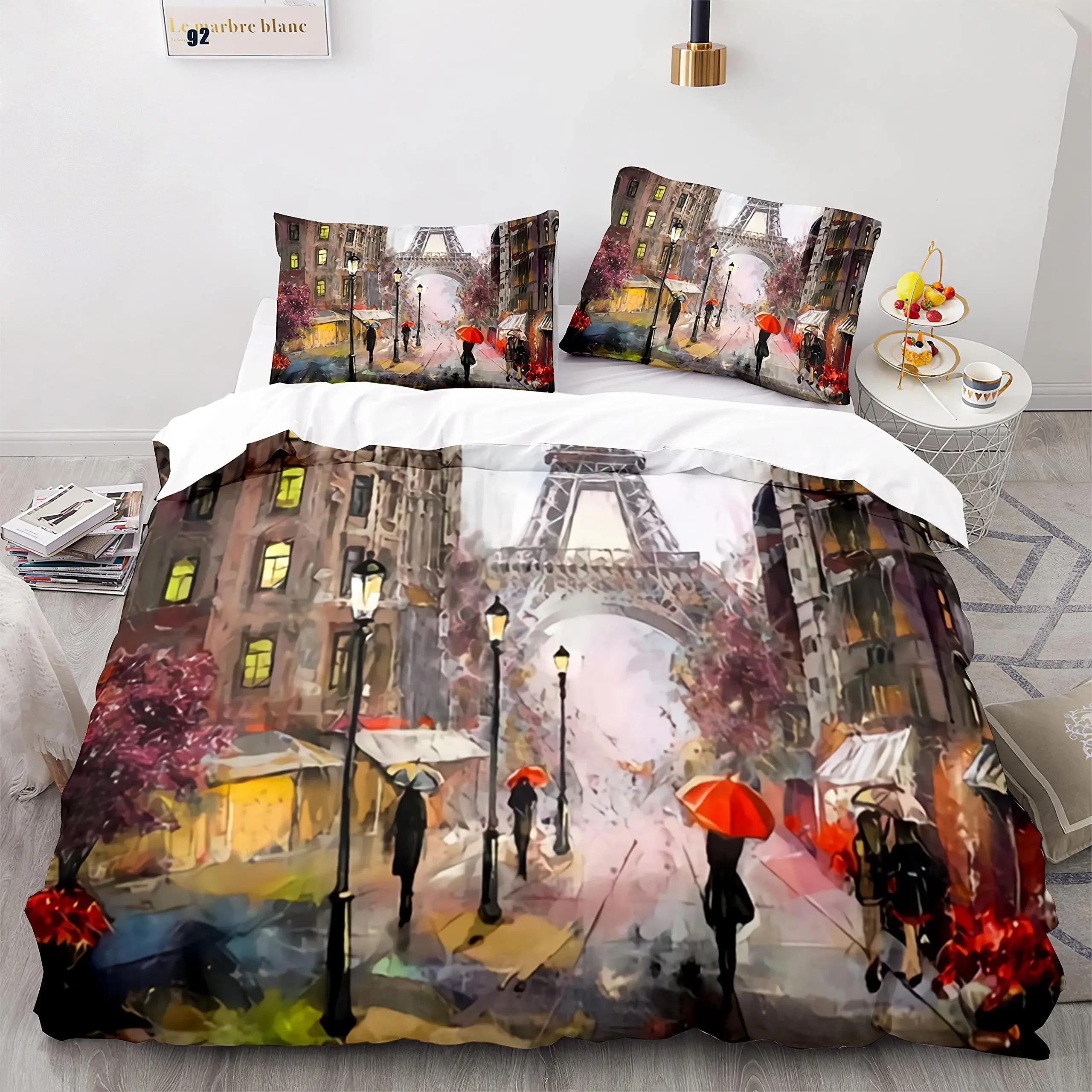 

Eiffel Tower Duvet Cover Paris France Bedding Set Retro Red Truck Quilt Cover City Building Polyester 70x133cm 2pcs