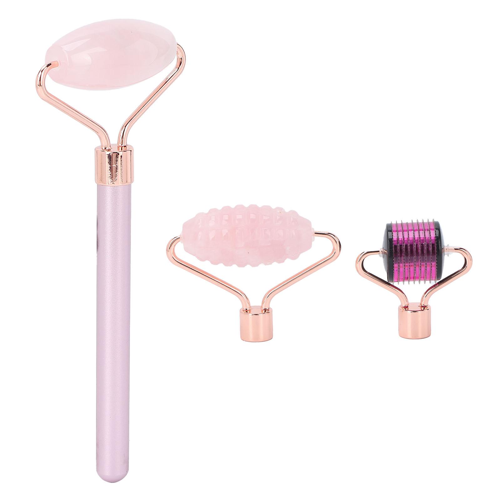 

3 в 1 Роликовый Массажер для Лица из Розового Кварца Микроигольчатый Массажный Инструмент Для Красоты Лица