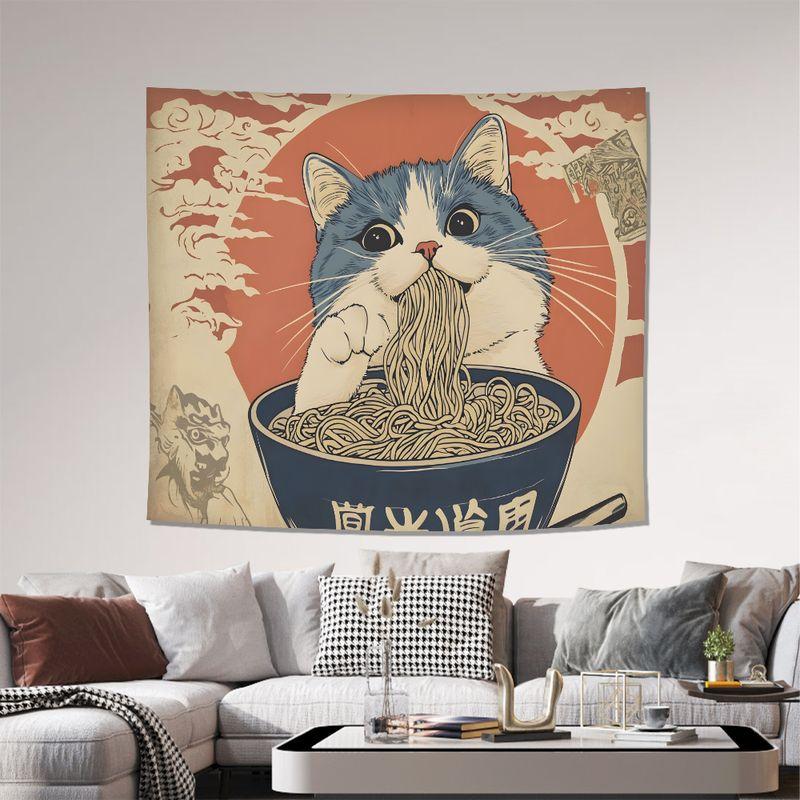 Japanese Ukiyoe Dry Rice Cat Lamian Noodles Vintage Tapestry Background Hanging Cloth Cure Cat Cafe Room Decoration