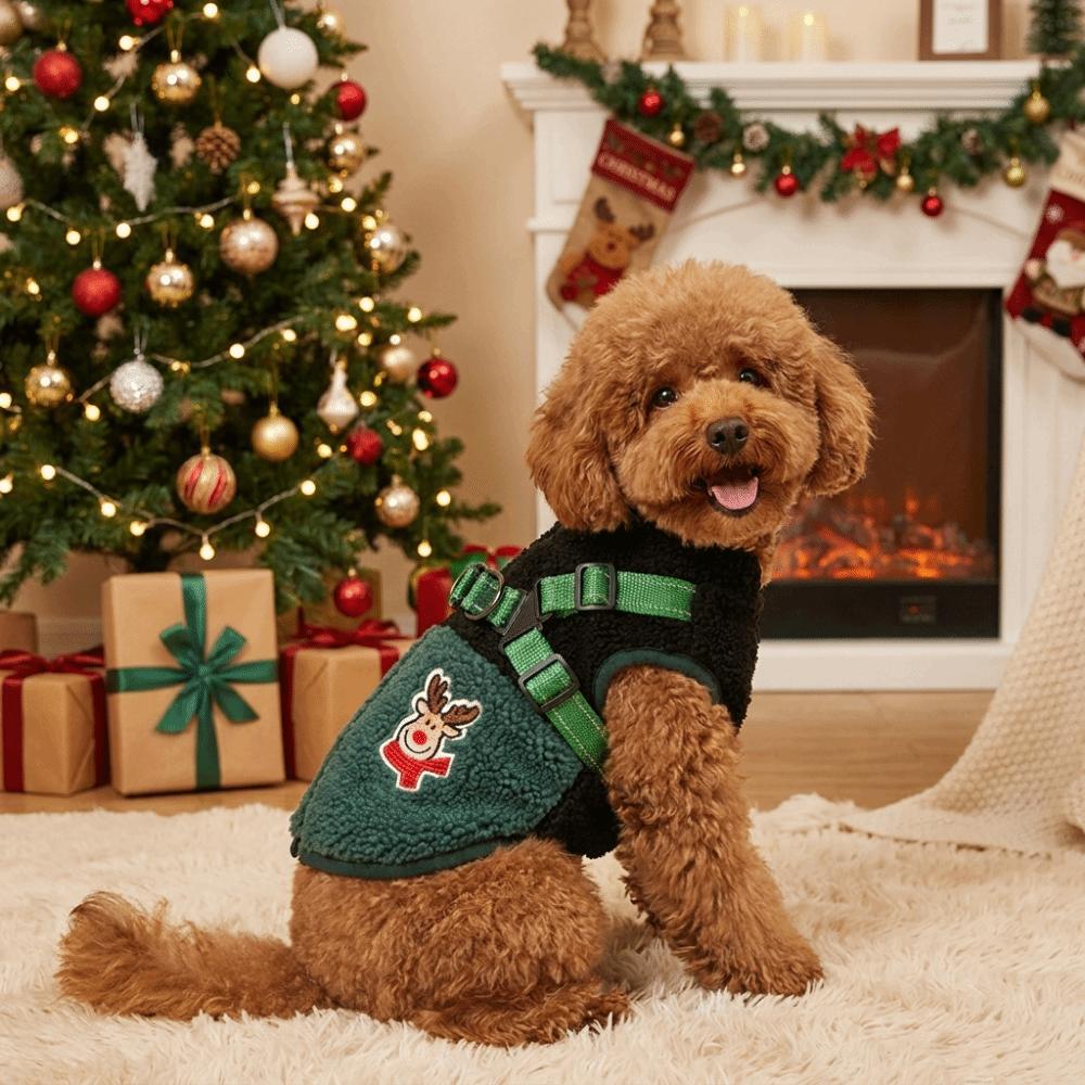 Thickened Christmas Dog Coat Elk Pattern Winter Dog Jacket Dog Plush Zipper Vest Walking