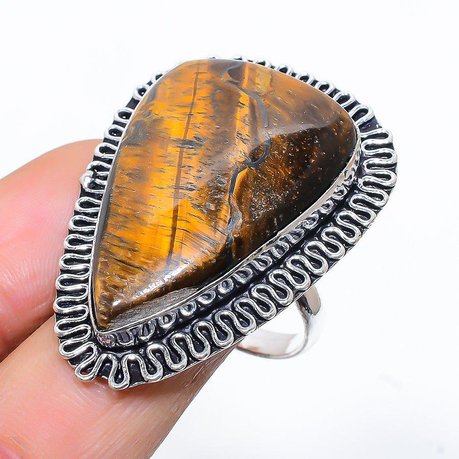 Tiger Eye Gemstone Handmade 925 Sterling Silver Jewelry Ring Size 10 B1r86
