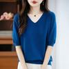 Knitted Short-sleeved T-shirt for Women A Thin V-neck Half-sleeve Top for Summer and Autumn