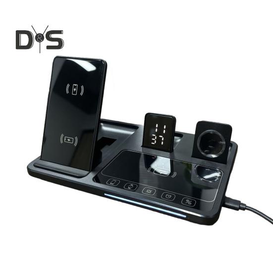 4-in-1-Drahtlos-Ladestation mit Wecker und Nachtlicht, faltbare Schnellladestation, One-Key-Hebe-Smartwatch-Ladestation für iPhone