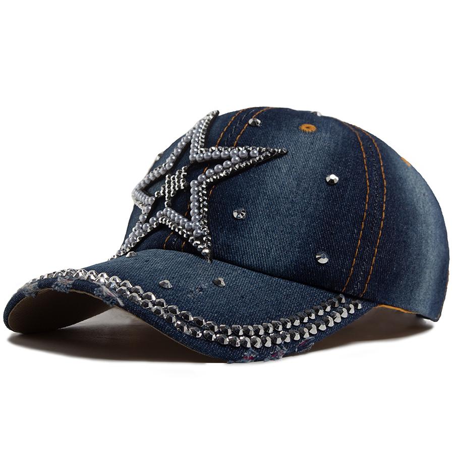 Y2K Pentagram Denim Cloth Baseball Cap Women Fashion Vintage Snapback Men Female Hip Hop Shiny Rhinestone Hat For Spring Autumn