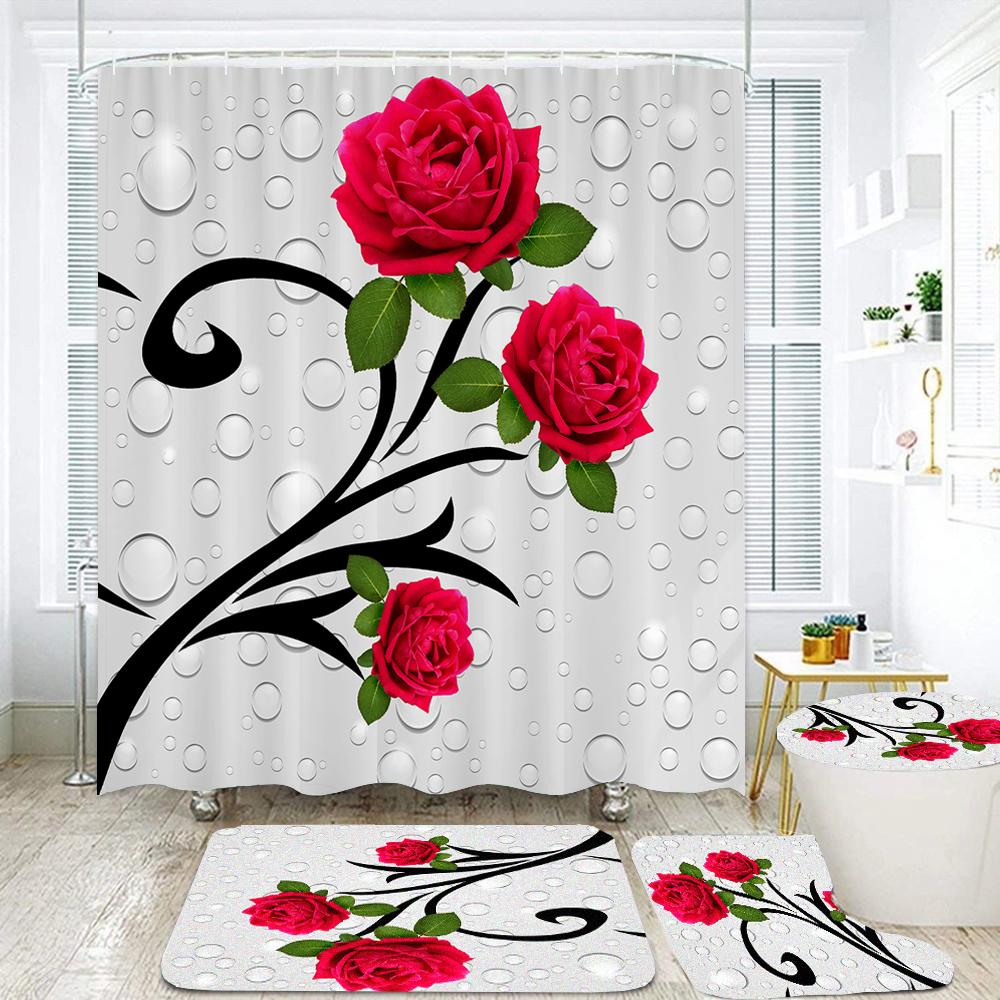 180*180cm Blue Rose Flowers Fabric Shower Curtains Bath Mat Rugs Beautiful Butterfly Flower Bathroom Curtain Set Home Decoration