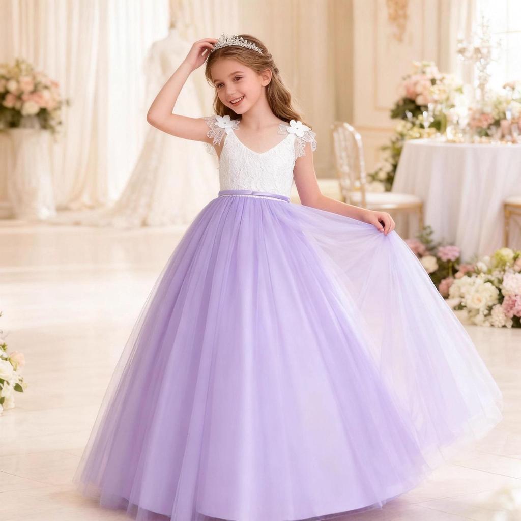 Girls' Lace Spaghetti Strap Flower Girl Dress - Puffy Formal Princess Gown for Wedding or Fashion Show Performance