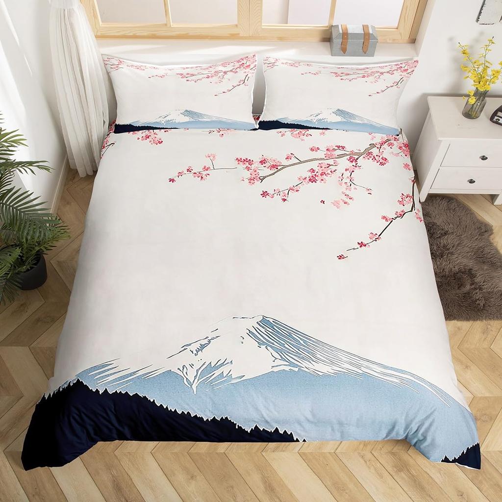 Japanese-Style Bedding Set for Kids Boys Girls Mount Fuji Comforter Cover Cherry Blossoms Duvet Cover Queen Size for Teens Adult