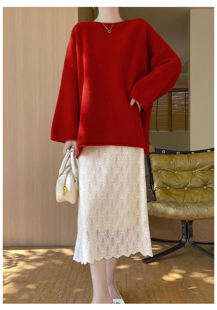 Women's Mid-Length Wool-Cashmere Sweater - 2025 Autumn/Winter Collection, Round Neck, Loose Fit, Knit Outerwear.