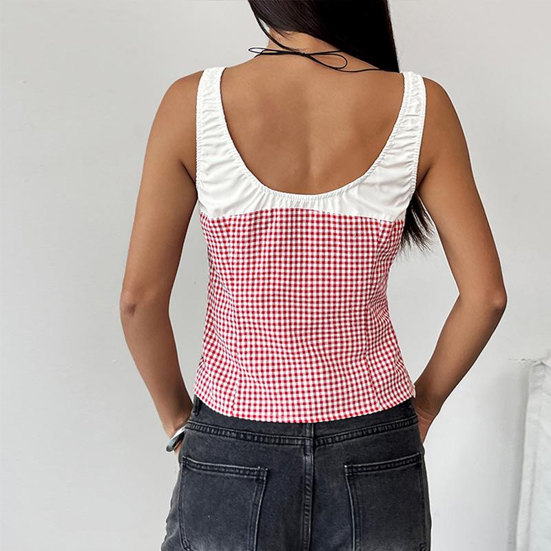 Contrasting Plaid Lace-Up Hollow Sweetheart Slim Vest Suspenders for Women