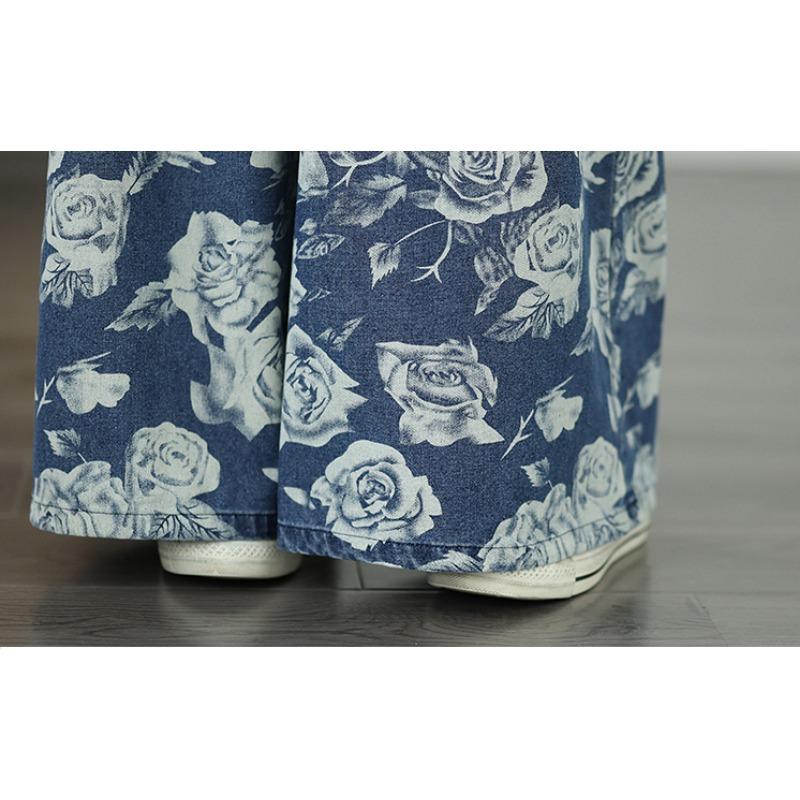 Dimanaf 2025 Nuevo Verano Básico Pantalones Vaqueros Elásticos Estampado Floral Mujer Sueltos Vaqueros Pantalones Casuales de Pierna Ancha