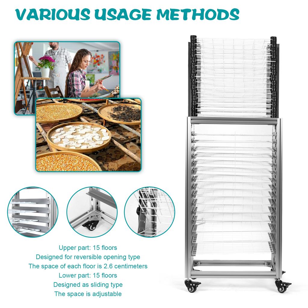 30-Layer Mobile Easel Drying Rack with Wheels Dual-Purpose Drying Rack Multi-Function Storage Rack for School Classroom Studio