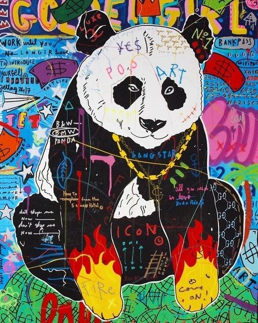 Modern Graffiti Street Panda Art Kiss of Victory Canvas Painting Wall Art Pictures Posters and Prints for Living Room Home Decor No Frame