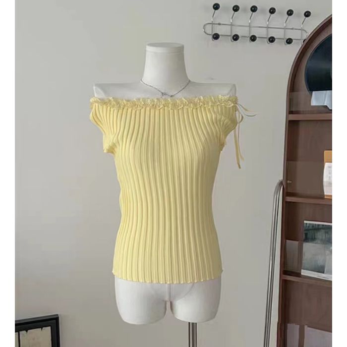French Bow, Niche Knitted Short-sleeved T-shirt, Versatile Off-the-shoulder Top