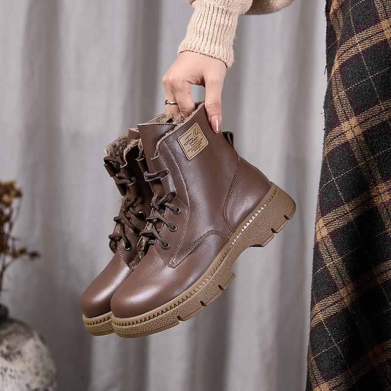 Johnature Moteriški batai iš natūralios odos, medvilniniai batai, iš karvės odos, pliušiniai, šilti, apvaliu priekiu, storapadžiai, aulinukai