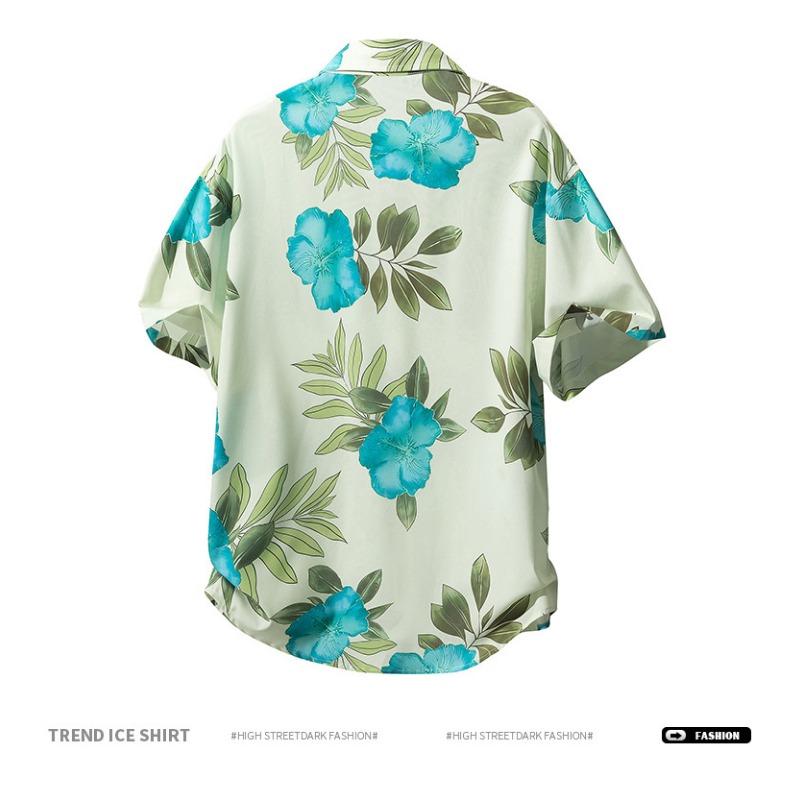 Men's Oversized Floral Print Short Sleeve Shirt - Light Green Hawaiian Casual Button Down Top